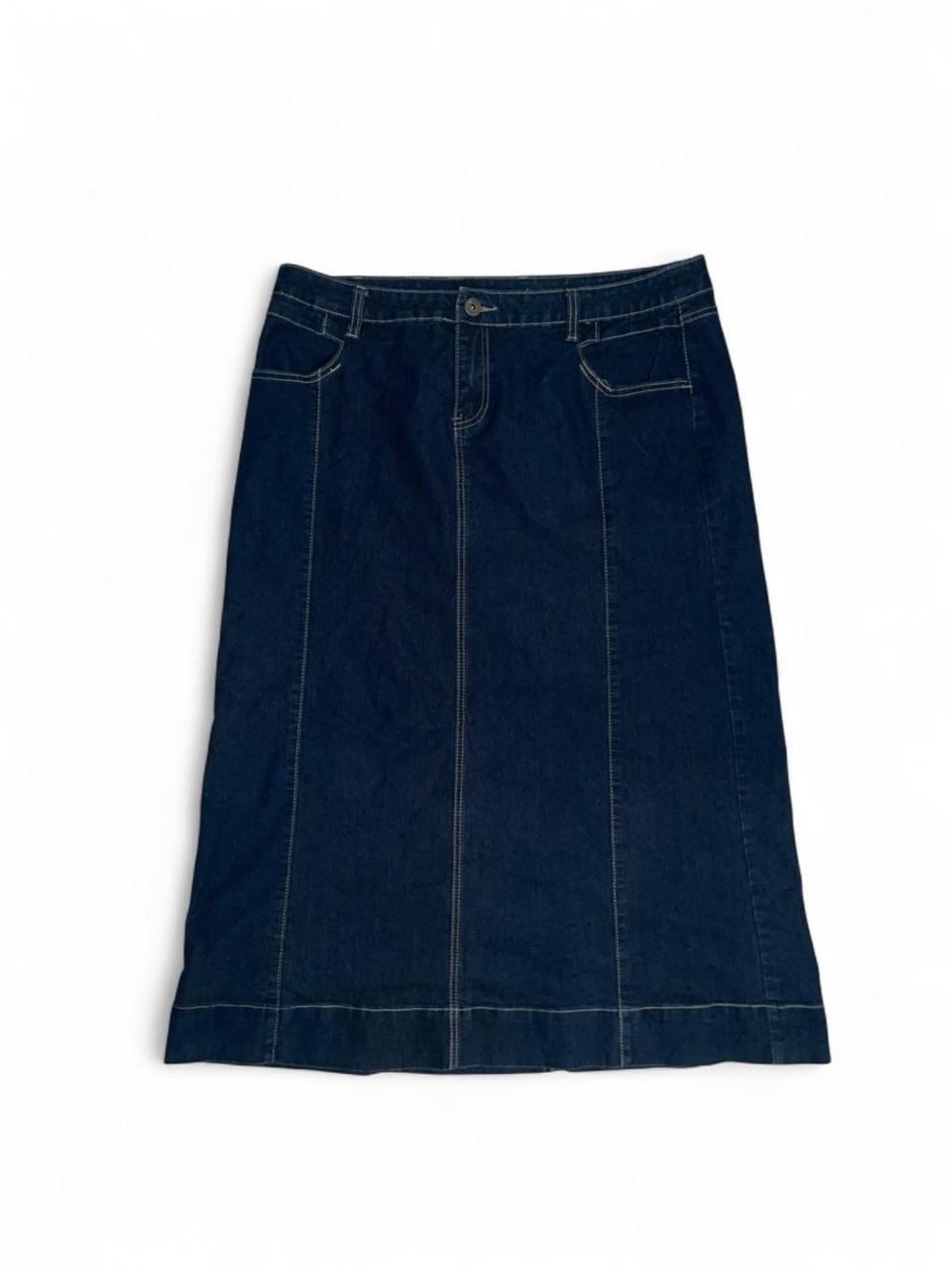 Dark Wash Avenue Denim Midi Skirt With Contrast Stitching